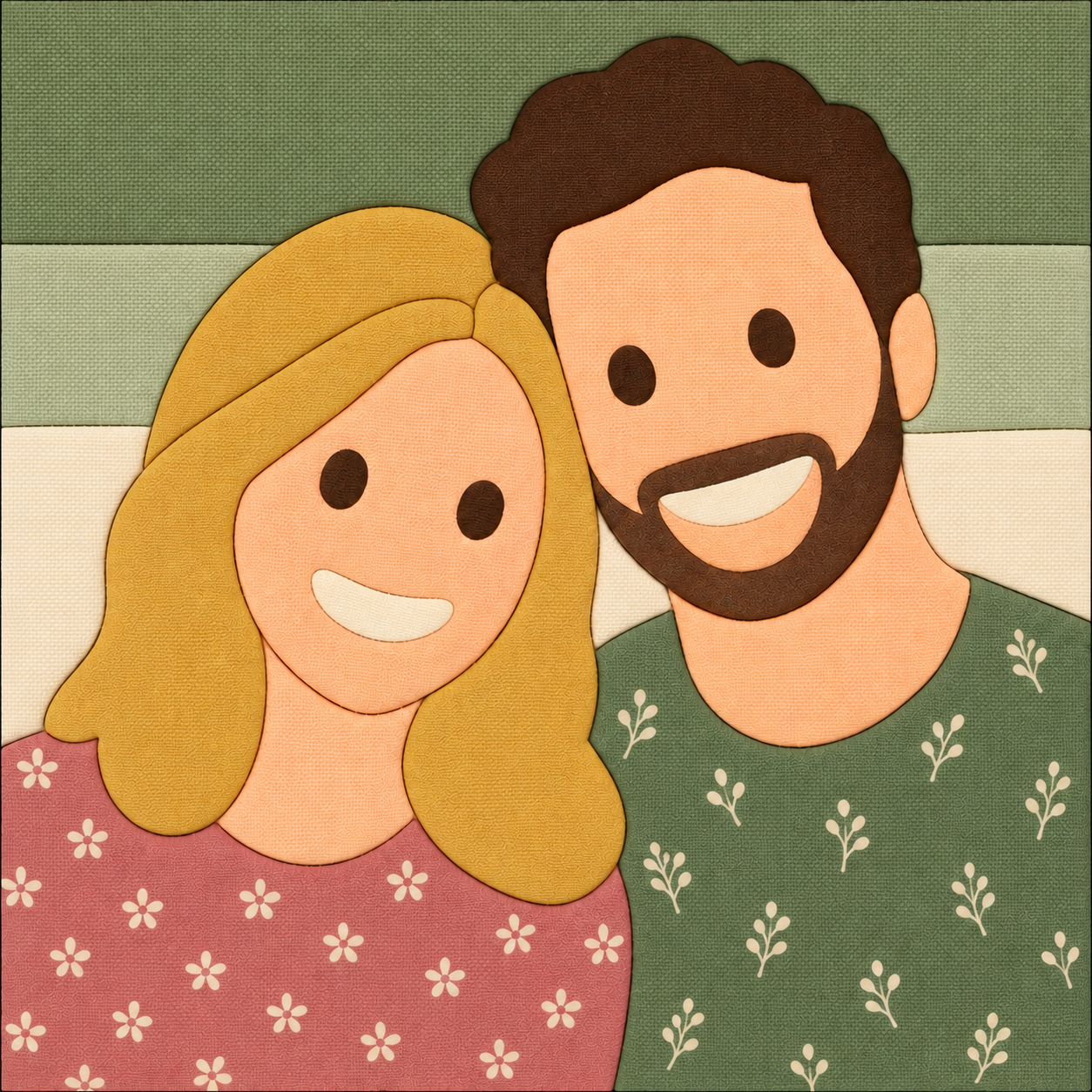 The same couple reimagined in large fabric shapes with floral prints
